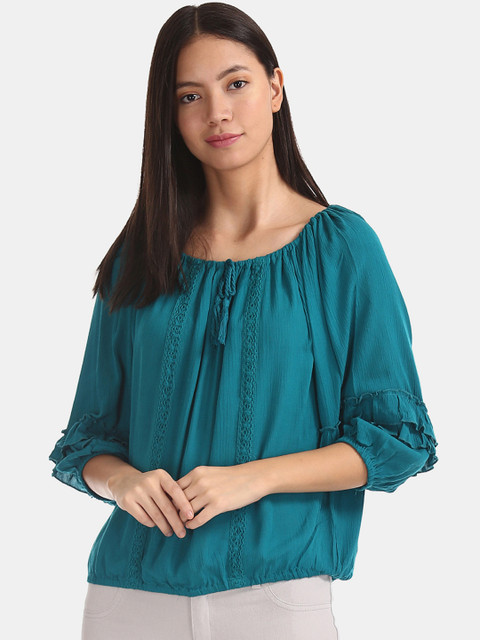 Cherokee Women Teal Green Solid Blouson Top 
Cherokee Women Teal Green Solid Blouson Top