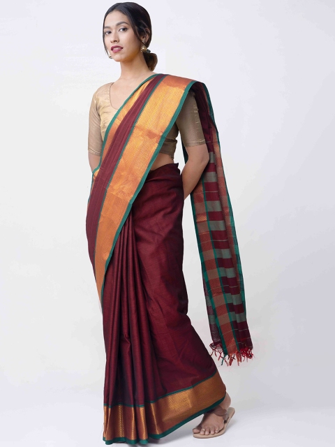 Unnati Silks Maroon Pure Cotton Solid Narayan Peth Saree