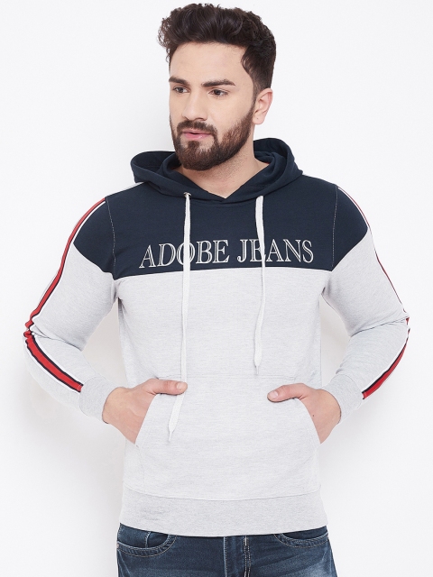 Adobe Men Grey Melange & Navy Blue Colourblocked Hooded Sweatshirt