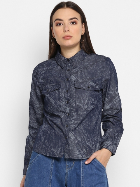 FOSH Women Navy Blue & Grey Regular Fit Printed Casual Shirt