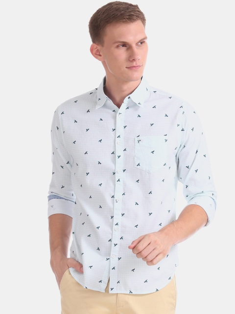 Ruggers Men White & Blue Slim Fit Printed Casual Shirt