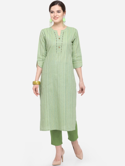 Kvsfab Women Green Striped Straight Kurta