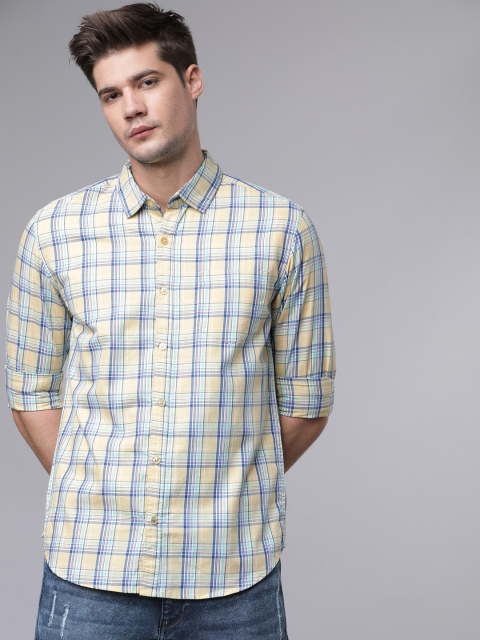 HIGHLANDER Men Yellow & Blue Checked Slim Fit Casual Shirt