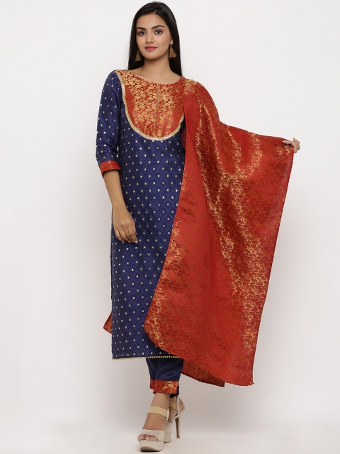 BUYCLARA Women Blue & Maroon Yoke Design Kurta with Trousers & Dupatta