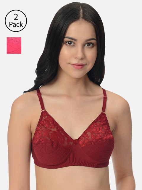 mod & shy Pack Of 2 Pink & Maroon Solid Non-Wired Non Padded Everyday Bra