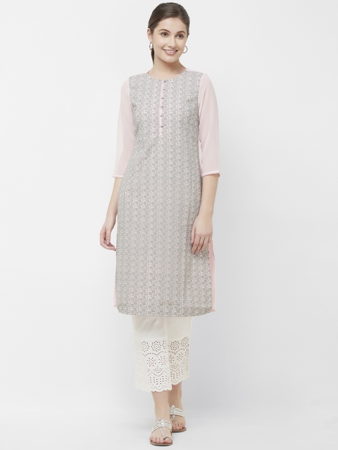 Naari Women Pink & Grey Embroidered Straight Kurta