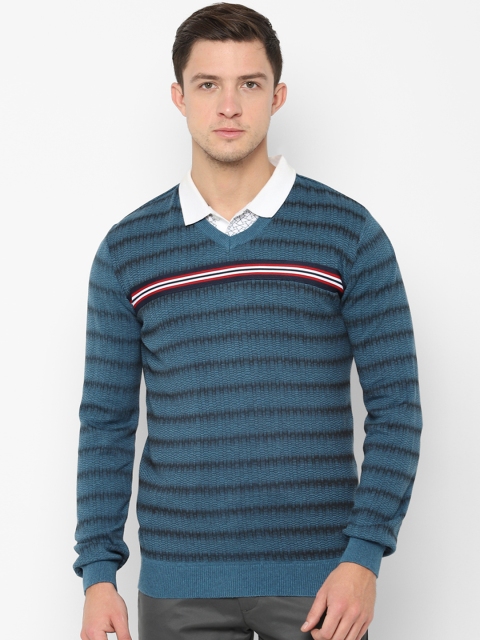 Allen Solly Men Teal Blue & Black Striped Pullover Sweater