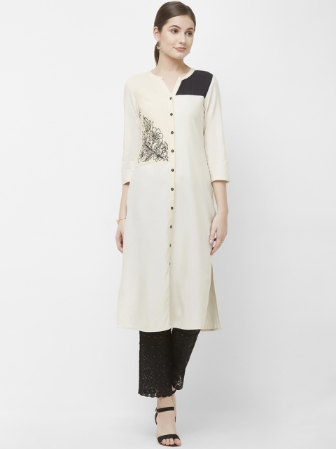 Naari Women Beige & Off-White Floral Embroidered Linolio Calf-Length Kurta