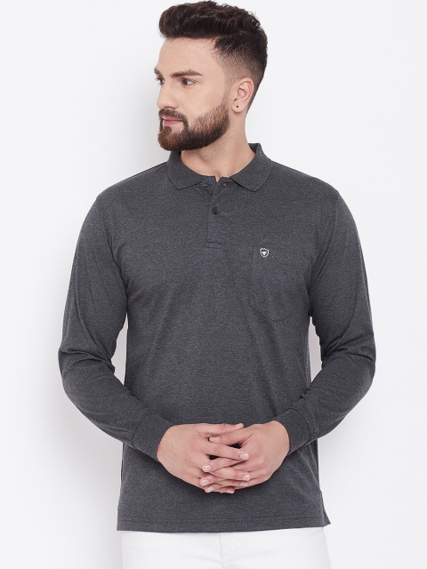 NEVA Men Charcoal Grey Solid Polo Collar Slim Fit T-shirt