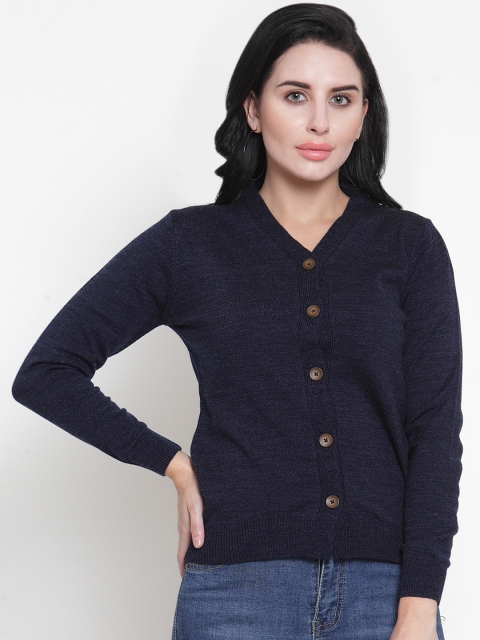 Kalt Women Navy Blue Solid Cardigan
