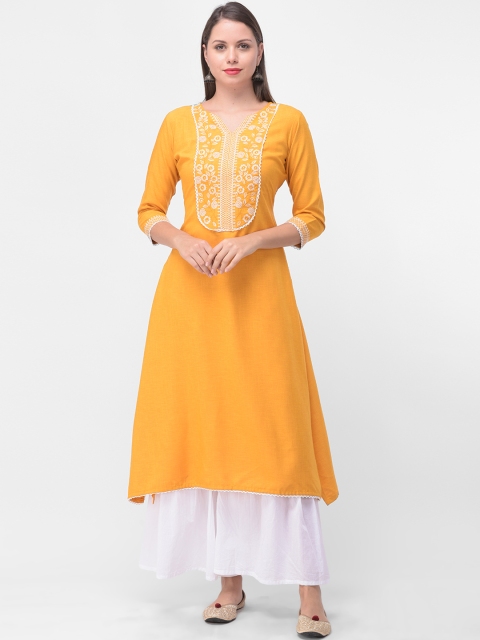 aayusika Women Yellow & White Embroidered Asymmetric A-Line Kurta