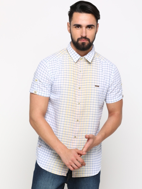 WITH Men Yellow & Blue Slim Fit Checked Casual Shirt