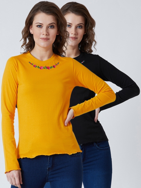 The Dry State Women Pack of 2 Solid Round Neck T-shirts, Yellow