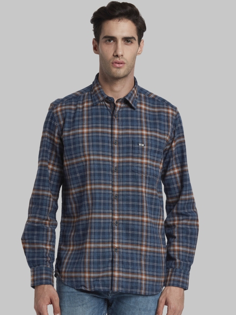 Parx Men Blue & Brown Slim Fit Checked Casual Shirt