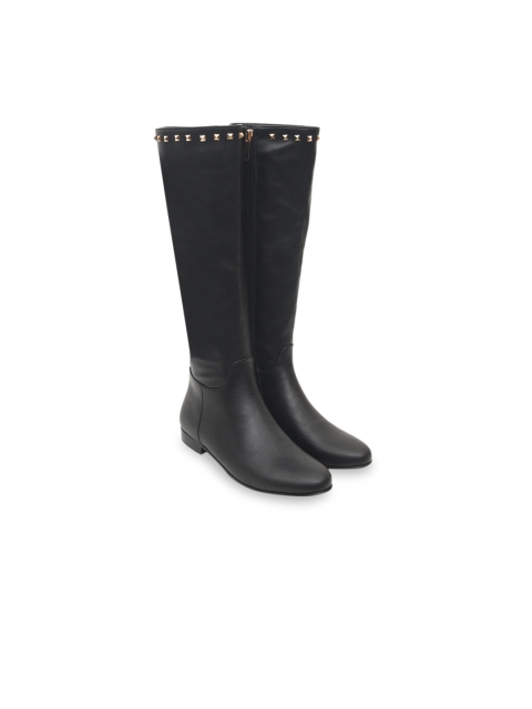 ROSSO BRUNELLO Women Black Solid Leather High-Top Flat Boots