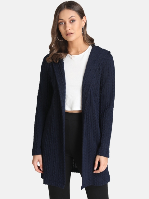 Kazo Women Navy Blue Self Design Open Front Longline Hooded Shrug