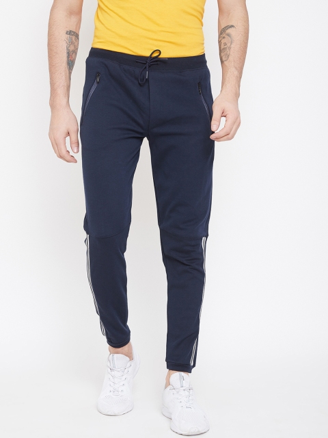 Okane Men Navy Blue & White Striped Slim-Fit Track Pants