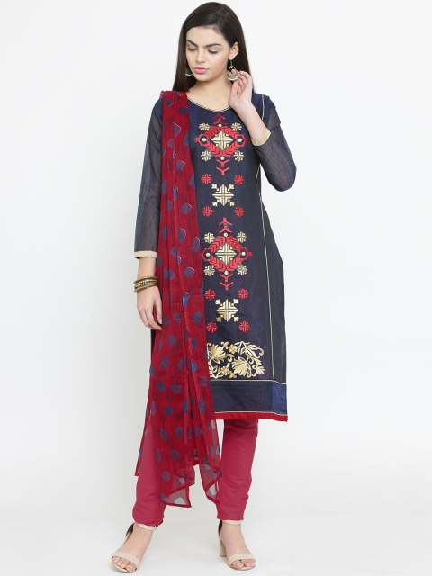 mf Navy Blue & Maroon Silk Blend Unstitched Dress Material