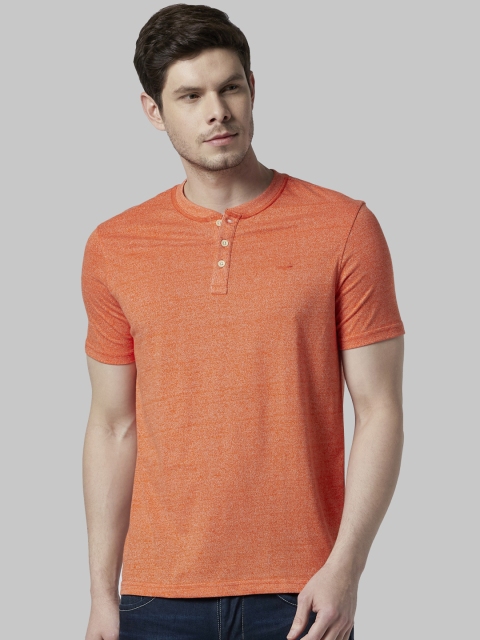 Park Avenue Men Orange Solid Mandarin Collar T-shirt