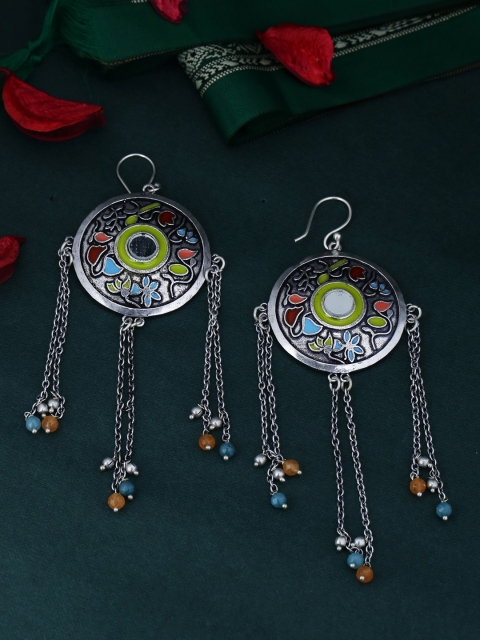 Studio Voylla Silver-plated & Blue Handcrafted Circular Drop Earrings