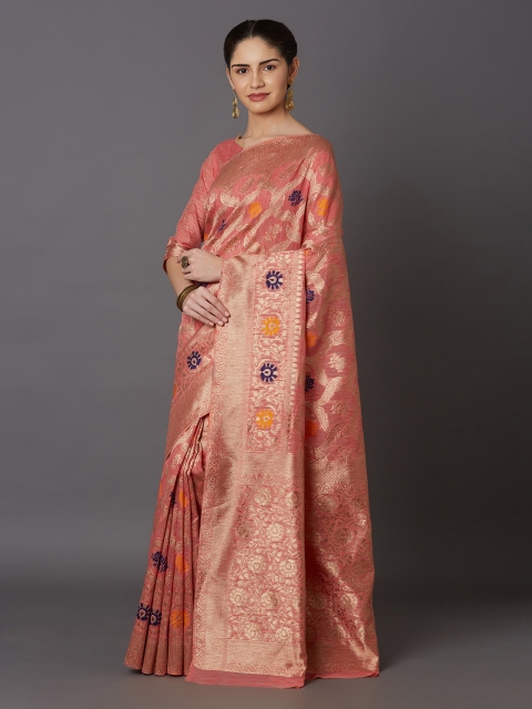 Mitera Peach-Coloured Silk Blend Woven Design Kanjeevaram Saree