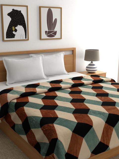 A Homes Grace Beige & Brown Geometric Mild Winter 350 GSM Double Bed Blanket