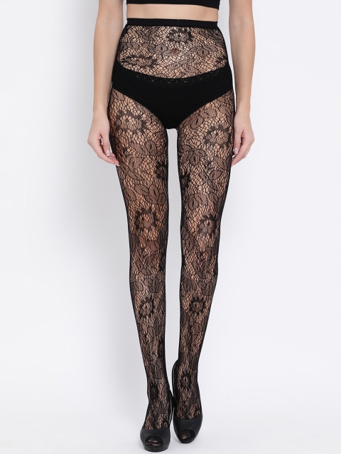 Clovia Women Black Floral Patterned Lace Sheer Pantyhose Stockings
