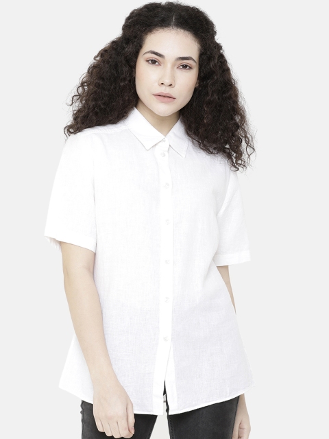 Double Two Women White Standard Solid Regular Fit Casual Shirt