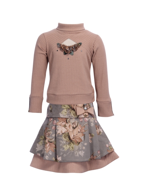 CUTECUMBER Girls Brown & Grey Solid Top with Skirt