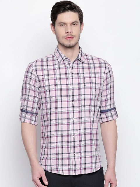 Basics Men Pink & Navy Blue Checked Slim Fit Casual Shirt