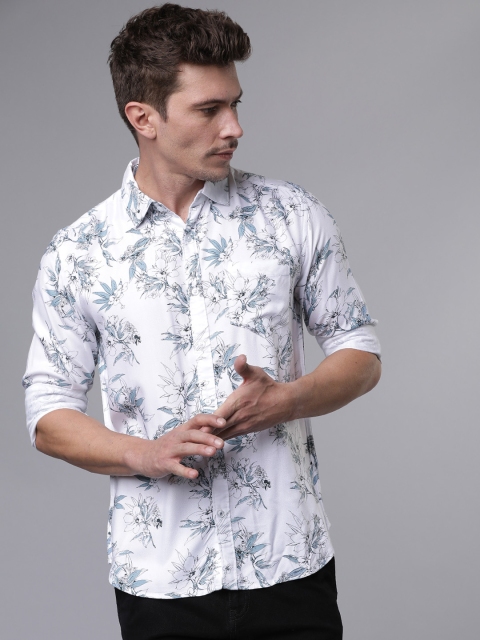 HIGHLANDER Men White & Grey Slim Fit Printed Casual Shirt
