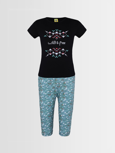 Punkster Girls Black & Blue Printed Night Suit