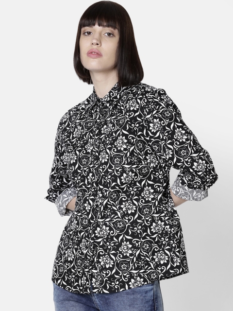 Double Two Women Black & White Standard Printed Regular Fit Casual Shirt