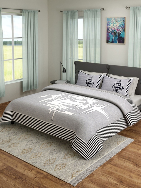 ROMEE Grey & Black Queen Sized Printed 180TC Bed Cover With 2 Pillow Cases