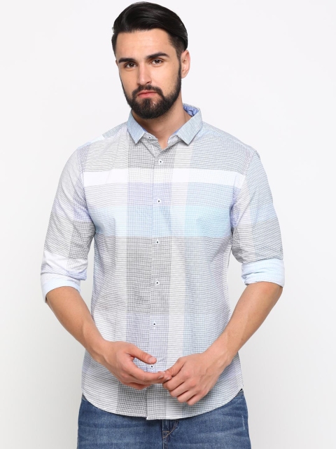 WITH Men White & Grey Slim Fit Checked Casual Shirt