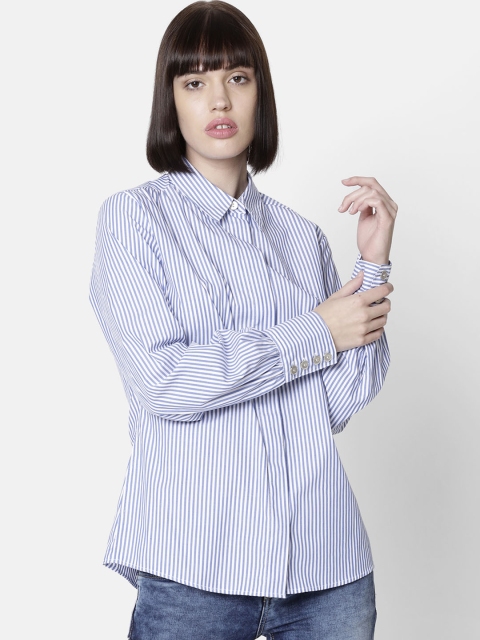 Double Two Women Blue & White Standard Striped Regular Fit Casual Shirt