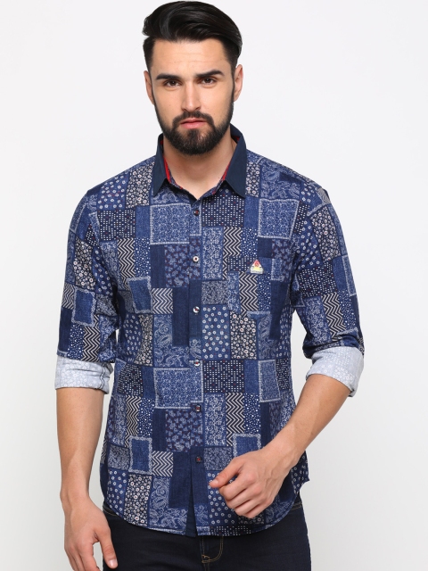 WITH Men Navy Blue Slim Fit Printed Casual Shirt