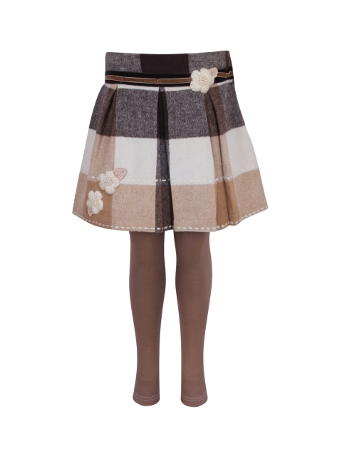CUTECUMBER Girls Cream-Coloured & Brown Checked A-Line Knee-Length Skirt With Leggings