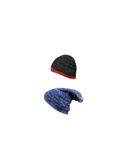 Knotyy Men Pack of 2 Black & Navy Blue Solid Beanies