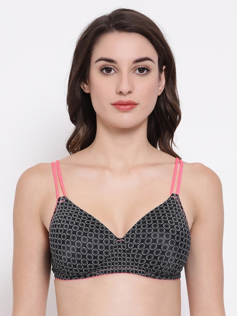 Clovia Black Printed Non-Wired Lightly Padded T-shirt Bra BR1067O13