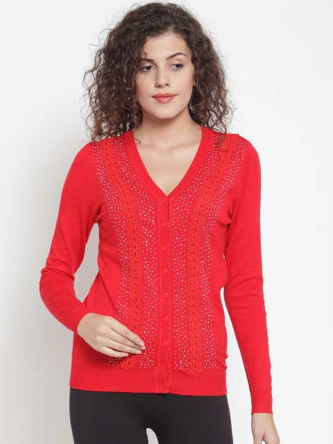 Global Republic Women Red Solid Woolen Cardigan Sweater