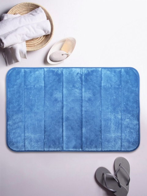 BIANCA Blue Solid Anti-Skid Microfiber Memory Foam Bath Rug