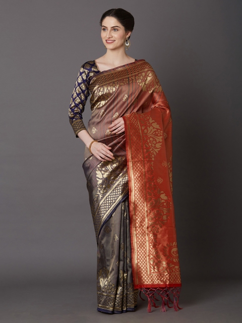 Mitera Grey & Orange Silk Blend Woven Design Kanjeevaram Saree