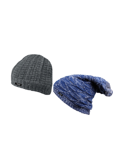 Knotyy Men Pack of 2 Grey & Blue Solid Beanies