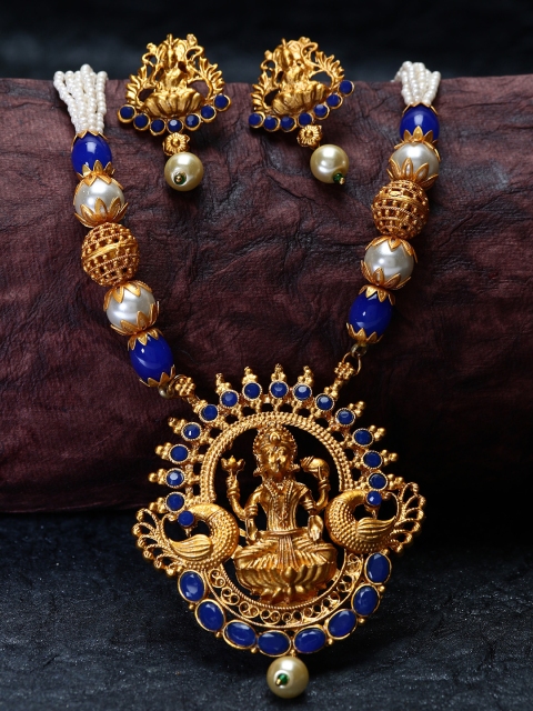 ANIKAS CREATION Gold-Plated & Navy Stone-Studded Beaded Maa Laxmi Temple Jewellery Set
ANIKAS CREATION Gold-Plated & Navy Stone-Studded Beaded Maa Laxmi Temple Jewellery Set