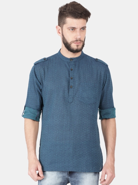 Svanik Men Teal Blue Dobby Woven Design Straight Kurta