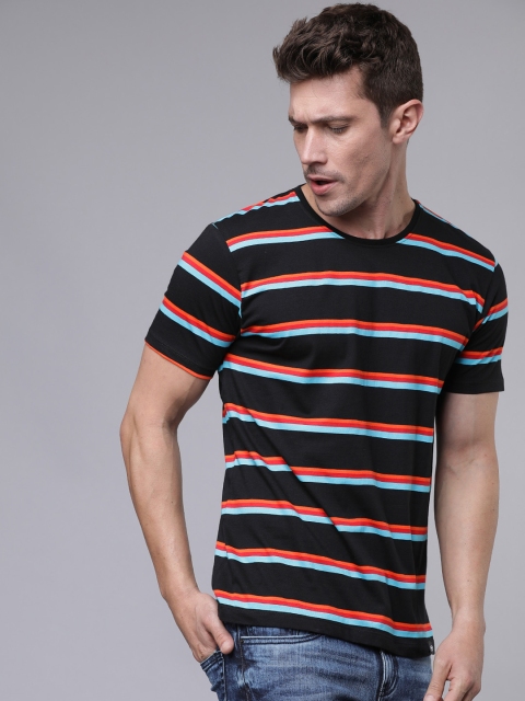 Ecko Unltd Men Black & Blue Striped Round Neck Slim Fit T-shirt
