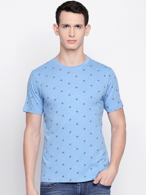 Basics Men Blue Printed Round Neck T-shirt