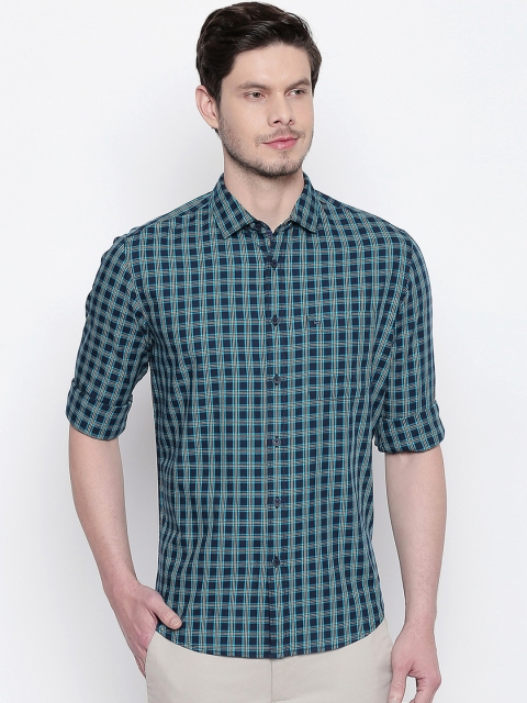 Basics Men Navy Blue & Blue Slim Fit Checked Casual Shirt