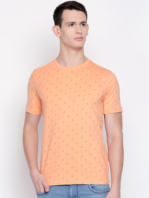 Basics Men Peach-Coloured Printed Round Neck Pure Cotton T-shirt